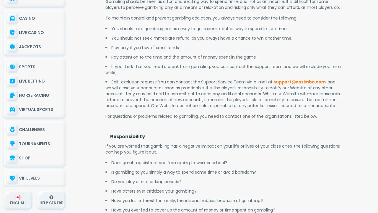 Cazimbo: Responsible Gambling